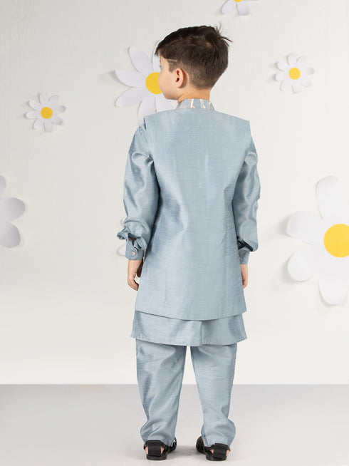 Boy's' Aqua Jacket,Kurta And Pyjama Set.